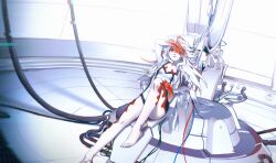 Rule 34 | 1girl, ai the somnium files, aiba (ai the somnium files), cable, erotatsu, feet, hand on own face, highres, leotard, long hair, lying, machinery, multicolored hair, on back, red eyes, streaked hair, wire