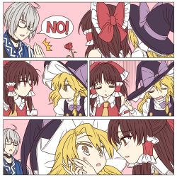 Rule 34 | 1boy, 2girls, ^^^, ahoge, ascot, ayano (ayn398), bad id, bad twitter id, blonde hair, blush, bow, braid, brown eyes, brown hair, choker, comic, detached sleeves, flower, glasses, grey hair, hair bow, hair tubes, hakurei reimu, hand on another&#039;s face, hat, hat bow, japanese clothes, juliet sleeves, kirisame marisa, long hair, long sleeves, looking at another, morichika rinnosuke, multiple girls, no, nontraditional miko, opaque glasses, open mouth, parody, pink background, puffy sleeves, rose, short hair, simple background, single braid, speech bubble, touhou, witch hat, yellow eyes, yuri