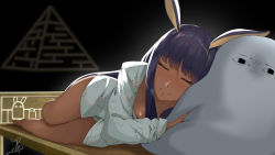 Rule 34 | 1girl, absurdres, animal ears, bad id, bad pixiv id, barefoot, blush, closed eyes, collarbone, commentary request, dark-skinned female, dark skin, fate/grand order, fate (series), highres, jackal ears, long hair, lying, medjed (fate), nightshirt, nitocris (fate), on side, purple hair, pyramid (structure), sleeping, smile, solo, taruneko, thighs, very long hair