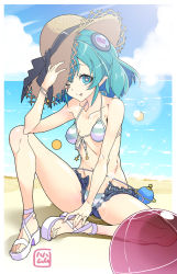 Rule 34 | 1girl, ;p, ball, bare arms, bare legs, beach, beachball, bikini, black ribbon, blue eyes, blue hair, bracelet, breasts, brown hat, bun cover, cleavage, cloud, collarbone, day, denim, denim shorts, front-tie bikini top, front-tie top, full body, grey shorts, groin, hagoromo lala, halterneck, hamuhamu, hat, hat ribbon, highres, jewelry, long hair, micro shorts, navel, ocean, one eye closed, open clothes, open shorts, outdoors, pointy ears, precure, ribbon, shorts, sitting, small breasts, solo, sparkle, star-shaped pupils, star (symbol), star twinkle precure, straw hat, striped bikini, striped clothes, summer, sun hat, swimsuit, symbol-shaped pupils, tongue, tongue out, white ribbon