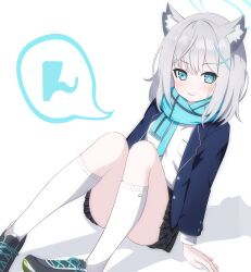 Rule 34 | 1girl, absurdres, animal ear fluff, animal ears, arm support, black footwear, black skirt, blue archive, blue eyes, blue halo, blue jacket, blue scarf, blush, breasts, closed mouth, commentary request, cross hair ornament, full body, grey hair, hair between eyes, hair ornament, halo, highres, jacket, kneehighs, knees up, long sleeves, looking at viewer, marupop, medium breasts, miniskirt, mismatched pupils, open clothes, open jacket, plaid, plaid skirt, pleated skirt, scarf, school uniform, shadow, shiroko (blue archive), shirt, shoes, simple background, sitting, skirt, smile, sneakers, socks, solo, speech bubble, striped clothes, striped scarf, white background, white shirt, white socks, wolf ears