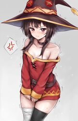Rule 34 | 1girl, anger vein, bandaged leg, bandages, bare shoulders, belt, black thighhighs, blush, breasts, brown belt, brown hair, brown hat, button eyes, buttons, closed mouth, collar, collarbone, commentary, cowboy shot, dress, dress tug, grey background, hat, highres, kono subarashii sekai ni shukufuku wo!, long sleeves, looking at viewer, megumin, off-shoulder dress, off shoulder, pout, r-binon, red dress, red eyes, short dress, short hair, short hair with long locks, simple background, single thighhigh, sleeves past wrists, small breasts, solo, spoken anger vein, sweatdrop, thighhighs, trembling, witch hat