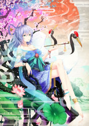 Rule 34 | 1girl, adapted costume, ankle ribbon, anklet, bare shoulders, barefoot, bird, blue dress, blue eyes, blue hair, bracelet, breasts, cherry blossoms, cleavage, cloudy.r, crane (animal), crossed legs, dress, flower, hair between eyes, hair ornament, hair rings, hair stick, highres, holding, holding smoking pipe, jewelry, kaku seiga, leg ribbon, matching hair/eyes, necklace, petals, reflection, ribbon, sash, shawl, silver hair, sitting, smoking pipe, solo, strapless, strapless dress, touhou, tree