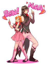 Rule 34 | !, 1boy, 1girl, belt, belt buckle, black hair, boots, buckle, character name, commentary request, fingerless gloves, full body, gloves, green eyes, heart, knee boots, lie ren, long hair, looking at viewer, nora valkyrie, open mouth, orange hair, pants, pink eyes, pink hair, pointing, rwby, short hair, simple background, skirt, sora (efr), standing, white background