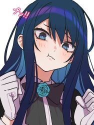 Rule 34 | 1girl, ado (utaite), black bow, black bowtie, blue eyes, blue flower, blue hair, blue rose, blush, bow, bowtie, chando (ado), closed mouth, cloud nine inc, collared shirt, colored inner hair, commentary request, dark blue hair, flower, flower brooch, gloves, hair between eyes, highres, long hair, long sleeves, looking at viewer, making-of available, mole, mole under eye, multicolored hair, pout, riseno, rose, shadow, shirt, sidelocks, simple background, solo, translation request, two-tone hair, upper body, utaite, white background, white gloves, white shirt
