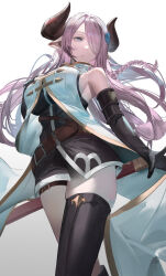 Rule 34 | 1girl, bare shoulders, black gloves, black thighhighs, blazpu, blue eyes, braid, breasts, draph, elbow gloves, gloves, granblue fantasy, hair over one eye, highres, horns, katana, large breasts, light purple hair, long hair, looking to the side, narmaya (granblue fantasy), pointy ears, single braid, solo, sword, thighhighs, thighs, weapon
