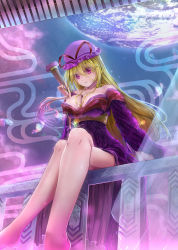 Rule 34 | 1girl, absurdres, arm support, bare shoulders, blonde hair, breasts, cleavage, crossed legs, hat, heart, heart-shaped pupils, highres, japanese clothes, kimono, large breasts, legs, long hair, long legs, off shoulder, on railing, purple eyes, railing, sitting, solo, symbol-shaped pupils, thighs, touhou, xuanlin jingshuang, yakumo yukari