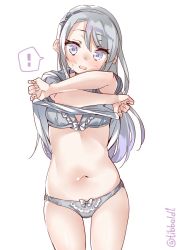 Rule 34 | !, 10s, 1girl, asymmetrical bangs, bad id, bad twitter id, blush, bow, bow panties, bra, clothes lift, cowboy shot, ebifurya, grey bow, grey bra, grey hair, grey panties, hair bow, highres, inactive account, kantai collection, long hair, looking at viewer, navel, no pants, open mouth, panties, purple eyes, sagiri (kancolle), shirt lift, short sleeves, simple background, solo, spoken exclamation mark, sweat, twitter username, underwear, undressing, white background, white bow