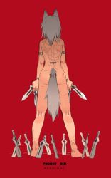 Rule 34 | 1girl, animal ears, arknights, back, back tattoo, bare shoulders, barefoot, dual wielding, full body, grey hair, highres, holding, holding knife, holding weapon, knife, knifedragon, medium hair, nude, projekt red (arknights), red background, scar, solo, standing, tail, tattoo, weapon, wolf ears, wolf tail