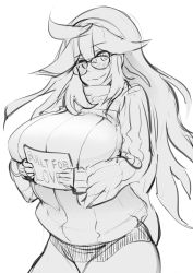 Rule 34 | ahoge, baggy clothes, blush, breasts, creatures (company), game freak, glasses, greyscale, hex maniac (pokemon), highres, holding, holding sign, long hair, maydrawfag, monochrome, nintendo, pokemon, ribbed sweater, sign, sweater, tagme, turtleneck, turtleneck sweater