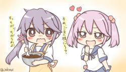 Rule 34 | 10s, 2girls, :d, akebono (kancolle), apron, bell, blush, bowl, brown eyes, chocolate, commentary, flower, hair bell, hair flower, hair ornament, jako (jakoo21), jingle bell, kantai collection, multiple girls, open mouth, pink hair, pleated skirt, purple hair, sazanami (kancolle), school uniform, serafuku, short twintails, side ponytail, skirt, smile, sweat, sweatdrop, translated, tsundere, twintails, twitter username, valentine