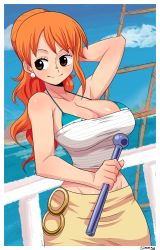 Rule 34 | 1girl, absurdres, arm behind head, arm up, bikini, bikini top only, bikini under clothes, blue sky, blush, brown eyes, cloud, cowboy shot, day, highres, holding, long hair, midriff, nami (one piece), one piece, orange hair, outdoors, ponytail, signature, simmsy, sky, smile, solo, strapless, swimsuit, tube top, white tube top