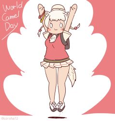 Rule 34 | 1girl, animal ears, arms up, camel ears, camel girl, cardigan, coroha, dromedary (kemono friends), extra ears, full body, grey hair, hair ornament, jumping, kemono friends, long hair, looking at viewer, necktie, red background, shirt, shoes, simple background, skirt, solo, tail