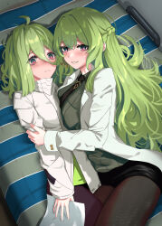 Rule 34 | 2girls, :d, asymmetrical docking, between legs, black necktie, black skirt, blush, braid, breast press, breasts, chaciooh, commentary request, curly hair, frown, green eyes, green shirt, grey hair, grin, highres, holding another&#039;s arm, honkai (series), honkai impact 3rd, hug, klein (honkai impact), large breasts, long hair, looking at viewer, looking up, lying, medium breasts, miniskirt, mobius (honkai impact), multiple girls, necktie, on back, on side, open clothes, open mouth, open shirt, pantyhose, pink eyes, shirt, skirt, slit pupils, small breasts, smile, thighs, two-tone eyes, very long hair, white shirt