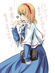 Rule 34 | 1girl, akino komichi, alice margatroid, blonde hair, blue dress, blush, capelet, dress, female focus, from side, hairband, long sleeves, profile, short hair, solo, text focus, touhou, upper body