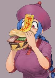 Rule 34 | 1girl, absurdres, bacon, blouse, blue hair, blush, braid, braided ponytail, burger, chanta (ayatakaoisii), cheese, eating, food, grey background, hands up, hat, highres, holding, jiangshi, jiangshi (chanta), lettuce, ofuda, ofuda on clothes, original, red eyes, red hat, red shirt, shirt, short sleeves, simple background, single braid, solo, tape, tomato, translation request, upper body