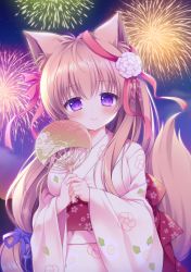 Rule 34 | 1girl, aerial fireworks, animal ear fluff, animal ears, blush, breasts, brown hair, closed mouth, commentary request, fireworks, floral print, fox ears, fox girl, fox tail, hair between eyes, hair ribbon, hand fan, highres, holding, holding fan, japanese clothes, kimono, long hair, medium breasts, mito mashiro, night, night sky, obi, outdoors, paper fan, pink kimono, print kimono, purple eyes, purple ribbon, ribbon, ryuuka sane, sash, sky, smile, solo, standing, tail, tail raised, tayutama, two-handed, uchiwa, very long hair