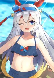 Rule 34 | 1girl, beach, blue eyes, blurry, blurry background, breasts, cleavage, collarbone, fang, hair between eyes, hair ornament, headband, highres, hiougi, horse girl, long hair, looking at viewer, navel, one eye closed, open mouth, silver hair, small breasts, solo, tamamo cross (umamusume), umamusume