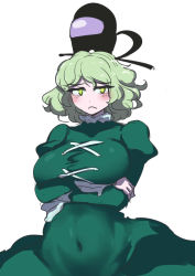 Rule 34 | 1girl, :&lt;, among us, arms under breasts, black headwear, breasts, covered navel, crewmate (among us), cross-laced clothes, crossed arms, enajii, green eyes, green hair, highres, juliet sleeves, large breasts, long sleeves, looking at viewer, navel, puffy sleeves, short hair, simple background, soga no tojiko, solo, touhou, upper body, white background