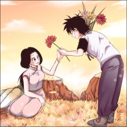 Rule 34 | 1boy, 1girl, black eyes, black hair, black sleeves, boots, bouquet, bracelet, chi-chi (dragon ball), chinese clothes, cloud, cloudy sky, dragon ball, dragonball z, earrings, flower, jewelry, looking at another, lowres, mother and son, open mouth, rochiko (bgl6751010), seiza, shirt, short hair, sitting, sky, smile, son goten, spiked hair, standing, sunset, white shirt