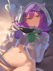 Rule 34 | 1girl, absurdres, black panties, breasts, demon girl, demon tail, gloves, green eyes, green gloves, hair ornament, hairpin, highres, holding, holding clothes, holding panties, holding underwear, hololive, looking at viewer, nagiushi, navel, official alternate costume, panties, purple gloves, purple hair, small breasts, solo, tail, tokoyami towa, tokoyami towa (5th costume), underwear, virtual youtuber, white shrug