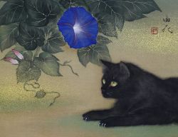 Rule 34 | animal focus, black cat, blue flower, cat, flower, leaf, morning glory, no humans, original, plant, taguchi yuka, traditional media