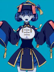 Rule 34 | 1girl, artist name, bad id, bad pixiv id, blue background, blue eyes, blue hair, blunt bangs, braid, chinese clothes, colored skin, grey skin, highres, jiangshi, kisaragi yuu (fallen sky), ofuda, open mouth, panty &amp; stocking with garterbelt, short hair, simple background, solo, standing, stocking (psg), tangzhuang
