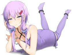 Rule 34 | 1girl, abmayo, arm rest, bare shoulders, breasts, collarbone, dress, elbow rest, hair between eyes, hair ornament, halterneck, lips, looking at viewer, lying, no shoes, off shoulder, on stomach, purple dress, purple eyes, purple hair, purple legwear, ribbed dress, ribbed legwear, short dress, short hair with long locks, small breasts, smile, solo, vocaloid, yuzuki yukari