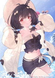 Rule 34 | 1girl, arms up, bare shoulders, black hair, black shirt, black shorts, blush, bow, brown jacket, closed mouth, cowboy shot, crop top, day, dutch angle, granblue fantasy, hair bobbles, hair bow, hair ornament, hands on headwear, hat, highres, jacket, long hair, low twintails, midriff, navel, ocean, open clothes, open jacket, outdoors, red eyes, shirt, short shorts, short twintails, shorts, smile, solo, standing, strapless, strapless shirt, sun hat, twintails, vikala (granblue fantasy), wading, water, yellowpaint.