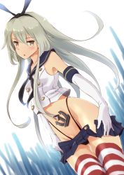 Rule 34 | 10s, 1girl, anchor, black panties, blonde hair, blush, crop top, crop top overhang, elbow gloves, flat chest, gloves, hair ornament, hair ribbon, highleg, highleg panties, highres, kantai collection, long hair, looking at viewer, navel, open mouth, panties, ribbon, sailor collar, shimakaze (kancolle), skirt, solo, striped clothes, striped thighhighs, thigh gap, thighhighs, underwear, wa (genryusui), white gloves, yellow eyes