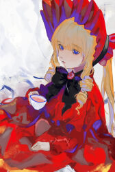 Rule 34 | 1girl, black bow, black bowtie, blonde hair, blue eyes, bonnet, bow, bowtie, bright pupils, capelet, closed mouth, commentary request, cup, dress, drill hair, drill sidelocks, expressionless, feet out of frame, flower, flower brooch, frilled capelet, frilled dress, frills, highres, holding, holding cup, kachimashita, lolita fashion, long dress, long hair, long sleeves, looking at viewer, red capelet, red dress, red flower, red headwear, red rose, rose, rozen maiden, shinku, sidelocks, solo, tea, teacup, twintails, very long hair, white pupils