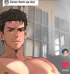 Rule 34 | 1boy, bara, black hair, capcom, chris redfield, closed mouth, cover them up slut (meme), dialogue box, facial hair, heart, large pectorals, looking at viewer, male focus, meme, muscular, muscular male, nipples, pectoral focus, pectorals, resident evil, resident evil 1, short hair, solo, stubble, tirtyturtle, upper body