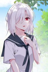 Rule 34 | 1girl, blue sky, garden, hand up, highres, i eat soft rice in another world, long hair, looking at viewer, open mouth, red eyes, school uniform, shirt, sky, smile, tree, white hair, white shirt, yuewa min