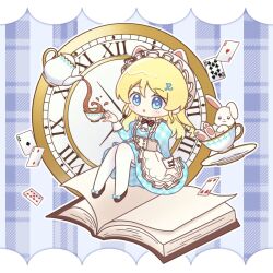 1girl :o ace_(playing_card) ace_of_hearts ace_of_spades analog_clock argyle_clothes argyle_dress ayase_eli blonde_hair blue_background blue_dress blue_eyes blush book brown_footwear card clock commentary cup deformed dress flats four_of_hearts full_body hashtag-only_commentary hat heart highres holding holding_cup juliet_sleeves long_hair long_sleeves love_live! love_live!_school_idol_project medium_dress melo_(melo_02) mob_cap nine_of_diamonds open_book open_mouth pantyhose plaid_background playing_card puffy_sleeves rabbit solo spade_(shape) teacup teapot ten_of_clubs two_of_diamonds white_hat white_pantyhose