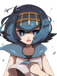 Rule 34 | 1girl, absurdres, bare arms, blue eyes, blue hair, blue sailor collar, blurry, collarbone, commentary request, creatures (company), dirty, game freak, hairband, hand up, highres, lana (pokemon), looking at viewer, nintendo, open mouth, pokemon, pokemon sm, sailor collar, shabana may, shirt, short hair, sleeveless, solo, swimsuit, swimsuit under clothes, teeth, tongue, trial captain, upper body, yellow hairband