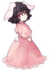 Rule 34 | 1girl, animal ears, black hair, dress, inaba tewi, looking at viewer, looking back, pink dress, puffy short sleeves, puffy sleeves, rabbit ears, rabbit girl, rabbit tail, red eyes, short sleeves, simple background, smile, solo, tail, touhou, uranaishi (miraura)