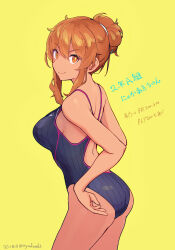 Rule 34 | ass, blue one-piece swimsuit, competition swimsuit, cowboy shot, dark-skinned female, dark skin, from behind, from below, hair bun, highres, long hair, looking at viewer, nakaaki masashi, one-piece swimsuit, orange eyes, orange hair, original, sidelocks, standing, swimsuit, tan, translation request, v-shaped eyebrows, yellow background