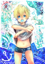 Rule 34 | 1boy, absurdres, anchor symbol, bad id, bad pixiv id, blonde hair, blue eyes, blue male swimwear, blue swim briefs, blush, bulge, child, clothes lift, cowboy shot, drawstring, food, food in mouth, highres, lifted by self, looking at viewer, male focus, male school swimsuit, male swimwear, midriff, mouth hold, moyuri, name tag, navel, original, popsicle, shirt, shirt lift, short hair, solo, swim briefs, swimsuit, white shirt