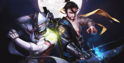 Rule 34 | 2boys, arm tattoo, arm up, armor, asymmetrical clothes, bandolier, bare shoulders, belt, black hair, bodysuit, bow (weapon), brothers, brown eyes, chest tattoo, closed mouth, collarbone, cowboy shot, cyborg, dragon tattoo, full moon, genji (overwatch), glowing, hair ornament, hair ribbon, hair tie, hanzo (overwatch), headband, headwear request, helmet, high ponytail, highres, holding, holding sword, holding weapon, japanese clothes, katana, long hair, looking at viewer, male focus, mask, moon, multiple boys, oryuvv, overwatch, overwatch 1, ponytail, power armor, quiver, ribbon, sash, scar, scar across eye, scar on face, short ponytail, siblings, strap, sword, tattoo, upper body, veil, weapon, yellow ribbon