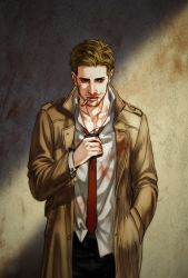 Rule 34 | 1boy, adjusting clothes, anderain, blonde hair, blood, blood on chest, blood on face, blue eyes, coat, constantine, facial hair, hand in pocket, highres, john constantine, male focus, necktie, nosebleed, red necktie, solo, stubble, trench coat