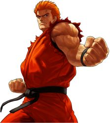 Rule 34 | 1boy, blue eyes, clenched hands, dougi, fighting stance, male focus, muscular, official art, ogura eisuke, orange hair, ryou sakazaki, ryuuko no ken, sleeveless, snk, solo, the king of fighters, the king of fighters xii, transparent background, wristband