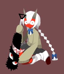 Rule 34 | 1girl, blue bow, blue bowtie, bow, bowtie, braid, closed mouth, collared shirt, demon horns, flat color, funamusea, grey skirt, hair between eyes, hair bow, highres, holding club, horns, kiku (funamusea), long hair, looking at viewer, loose socks, pleated skirt, red background, red footwear, shirt, simple background, sitting, skirt, sleeves past fingers, sleeves past wrists, socks, solo, suiei12138, sweater vest, twin braids, wariza, white hair, white shirt, white socks, yellow sweater vest
