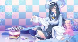 Rule 34 | 1girl, absurdres, ace (playing card), ace of diamonds, bishop (chess), black hair, blue coat, blue eyes, blue thighhighs, book, breasts, brooch, card, checkered wall, chess piece, chessboard, coat, commentary request, constellation print, diamond (shape), four of hearts, full body, hair ornament, hairband, highres, holding, holding card, hololive, hololive china, jewelry, large breasts, monocle, neyubi, pawn (chess), playing card, queen (chess), queen (playing card), queen of clubs, rook (chess), rosalyn (hololive), seven of spades, sitting, solo, ten of diamonds, thighhighs, three of clubs, virtual youtuber, yokozuwari
