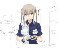 Rule 34 | 1girl, alternate costume, barcode scanner, blonde hair, blue shirt, breast pocket, breasts, commentary request, employee uniform, graf zeppelin (kancolle), grey eyes, hair between eyes, holding, kantai collection, large breasts, lawson, long hair, name tag, no headwear, open mouth, pocket, shirt, short sleeves, sidelocks, smile, solo, striped clothes, striped shirt, translation request, twintails, uniform, vertical-striped clothes, vertical-striped shirt, zekkyon