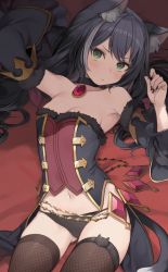 Rule 34 | 1girl, animal ear fluff, animal ears, black hair, black nails, black panties, black thighhighs, blush, breasts, cat ears, cat girl, cat tail, choker, cleavage, closed mouth, detached sleeves, fingernails, fishnet thighhighs, fishnets, fur trim, green eyes, highres, karyl (princess connect!), long fingernails, long hair, low twintails, lying, medium breasts, multicolored hair, nail polish, on back, panties, princess connect!, solo, srm chi, streaked hair, tail, thighhighs, twintails, underwear, white hair