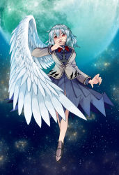 Rule 34 | 1girl, angel wings, aoi kujira, beige jacket, bow, bowtie, braid, breasts, buttons, center frills, covering own mouth, dress, feathered wings, french braid, frills, hair between eyes, kishin sagume, large breasts, loafers, long sleeves, looking at viewer, looking down, moon, open mouth, purple dress, red bow, red bowtie, red eyes, shoes, short hair, single wing, sky, solo, space, star (sky), starry sky, thighs, touhou, wings