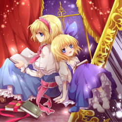 Rule 34 | 2girls, alice margatroid, alice margatroid (pc-98), back-to-back, blonde hair, blue eyes, book, capelet, curtains, dress, dual persona, female focus, hairband, lowres, multiple girls, mystic square, petticoat, rakkyhappy, time paradox, touhou, touhou (pc-98)