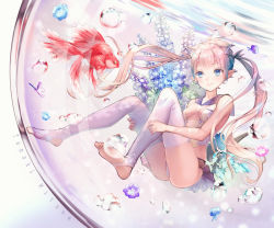 Rule 34 | 1girl, air bubble, artist name, blonde hair, blue eyes, blush, bubble, closed mouth, feet, fish, flower, goldfish, highleg, highleg swimsuit, in container, long hair, looking at another, no shoes, one-piece swimsuit, original, sailor collar, sidelocks, smile, soles, solo, swimsuit, tamaki mitsune, thighhighs, toeless legwear, toes, twintails, white thighhighs