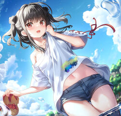 Rule 34 | 1girl, :d, black hair, blue shorts, blue sky, breasts, brown footwear, cloud, collarbone, commentary request, day, double bun, fujima takuya, hair bun, hand up, holding sandals, navel, off shoulder, open mouth, original, outdoors, red eyes, shirt, short shorts, short sleeves, shorts, sky, small breasts, smile, solo, standing, tree, twitter username, two side up, wading, water, water drop, white shirt