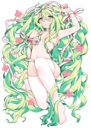 Rule 34 | 1girl, absurdres, censored, censored nipples, convenient censoring, flat chest, frilled ribbon, frills, full body, green eyes, green hair, hair censor, heart, highres, long hair, looking at viewer, lying, navel, on back, petals, rance (series), ribbon, shikosour, simple background, smile, solo, thighhighs, very long hair, wavy hair, wenlina, white background, white thighhighs